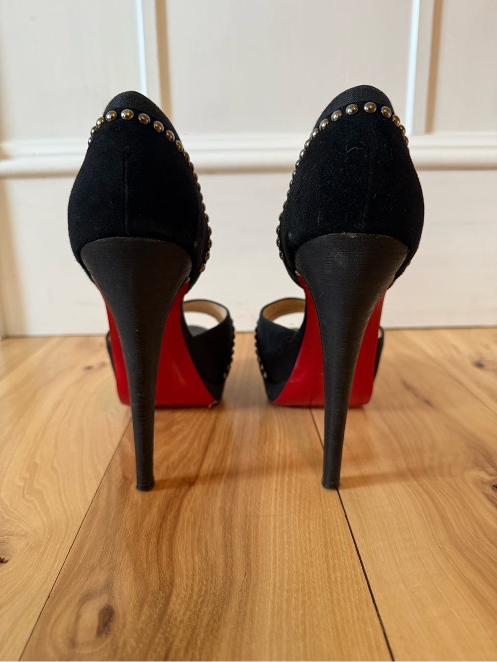 Christian Louboutin Black Suede Studded Stiletto Pumps with Red Soles - Picture 4 of 6